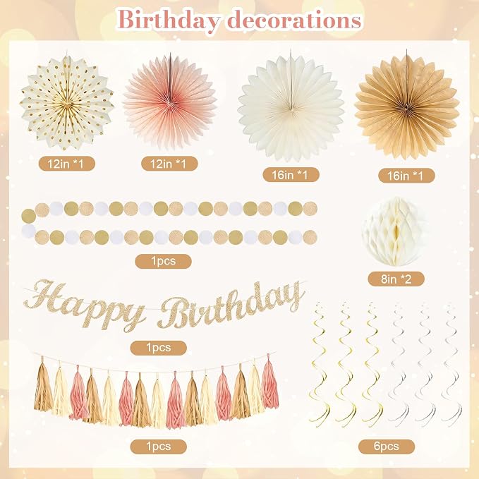 56 Pcs Champagne-Gold Beige Boho Birthday Decorations for Women Girls, Happy Birthday Banner, Cream Neutral Balloons, Tassel Garland, Peach Paper Lanterns, Tissue Pom Poms Fan, Rustic Backdrop Decor