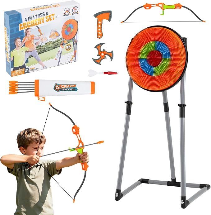 Costzon Axe Throwing Target Game for Backyard, 4 in 1 Kids Throwing Game w/5 Arrows, 3 Throwing Axes, 3 Ninja Darts, 3 Darts, Bristle Target & a Bow -Boys & Girls Indoor Outdoor Carnival Game Gifts