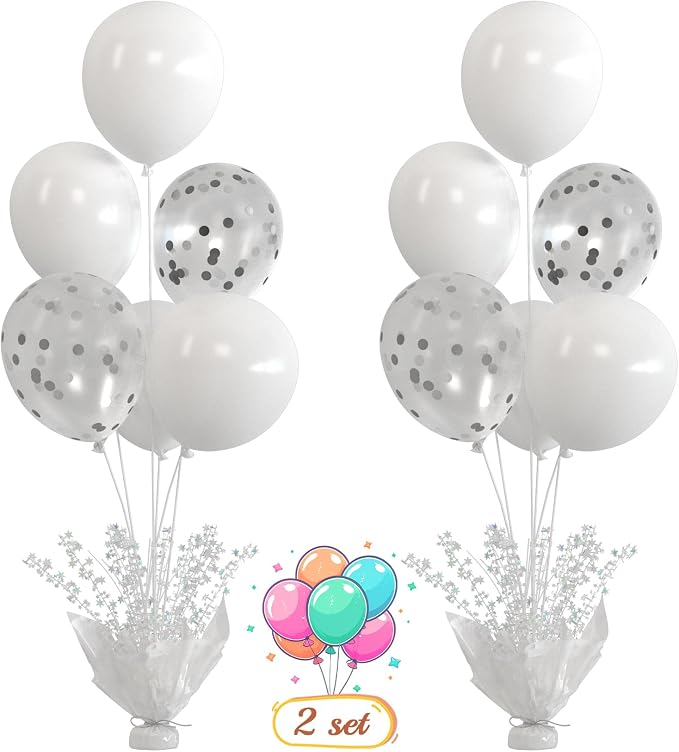 2 Set White Table Balloons Centerpiece with White and Confetti Balloons Stand Kit for Birthday Party Baby Shower Wedding Bridal Shower Prom Cake Table Decorations