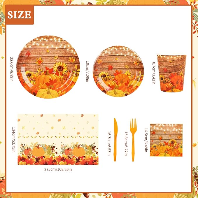 182pcs Fall Paper Plates and Napkins Set,Thanksgiving and Pumpkin Plates Disposable Dinnerware for Autumn Birthday Thanksgiving Party Decorations,Serve 30 Guests