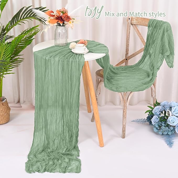 8 Pack Sage Green Cheesecloth Table Runner 120 Inch 10FT Spring Boho Rustic Sheer Gauze Cheese Cloth Table Runner for Wedding Baby Shower Birthday Party Table Decor