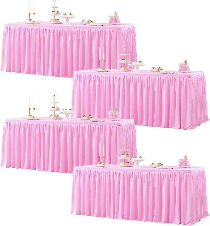 4 Packs Pink Tableclothes for 6 Foot Rectangle Tables, Wrinkle Free Fitted Table Cloth 6ft Stretch Table Cover with Skirt for Parties Weddings Birthday Banquet Baby Shower