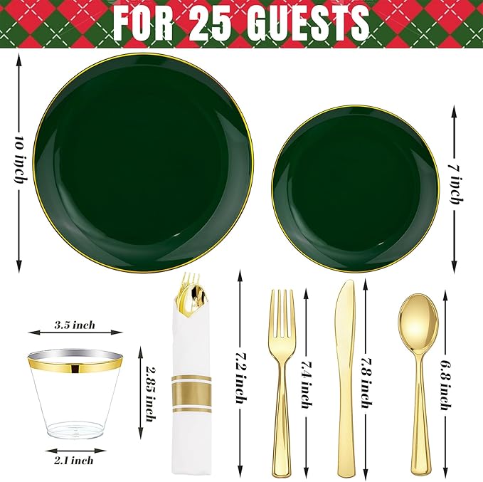 KIRE 175PCS Green Plastic Plates with Gold Rim - Heavy Duty Green Plates Disposable Include 50 Fancy Plastic Plate, 25Pre Rolled Napkins 25 Cups For Party/Wedding/Spring
