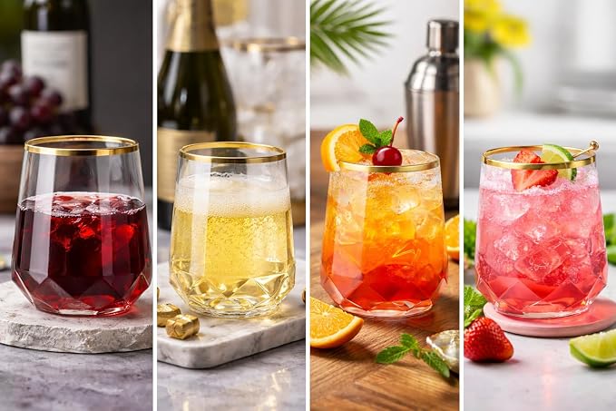 Oojami 40 Pack Disposable Plastic Wine Glasses 12oz Gold Rim - Diamond Stemless Cups for Champagne Whiskey Cocktail Unbreakable Shatterproof BPA-Free Reusable Recyclable for Wedding Birthday Party