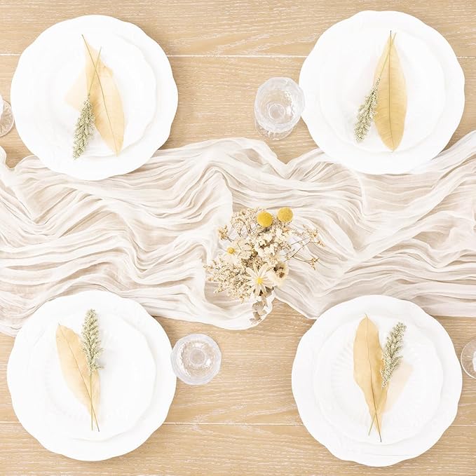 MLMC Ivory White Table Runner Rustic Gauze Cheesecloth Table Runner 10ft Cheese Cloth Centerpiece Decor 35x120 Inches for Dessert Anniversary Wedding Bridal Baby Shower Decor