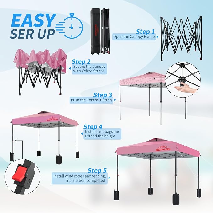 10x10 Pop Up Canopy, Easy Up Canopy Tent, Heavy Duty Tents for Parties, One Person Easy Set Up Event Tent, Pink