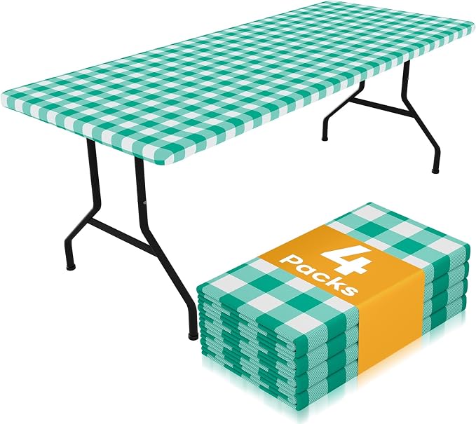 Smiry Picnic Table Cloth 4 Pack, Waterproof Elastic Fitted Tablecloths for 4FT Rectangle Tables, Washable Polyester Buffalo Plaid Tablecloth for Camping, Dining & Outdoor (Green & White, 30" x 48")