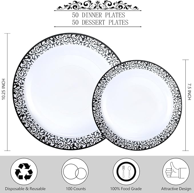 U-QE 10pcs Clear and Black Plastic Plates | 5 Dinner Plate 10.25 '' &5 Dessert 7.5 '' Plate, Premium Party Supplies, Heavy Duty Plastic Plates Disposable