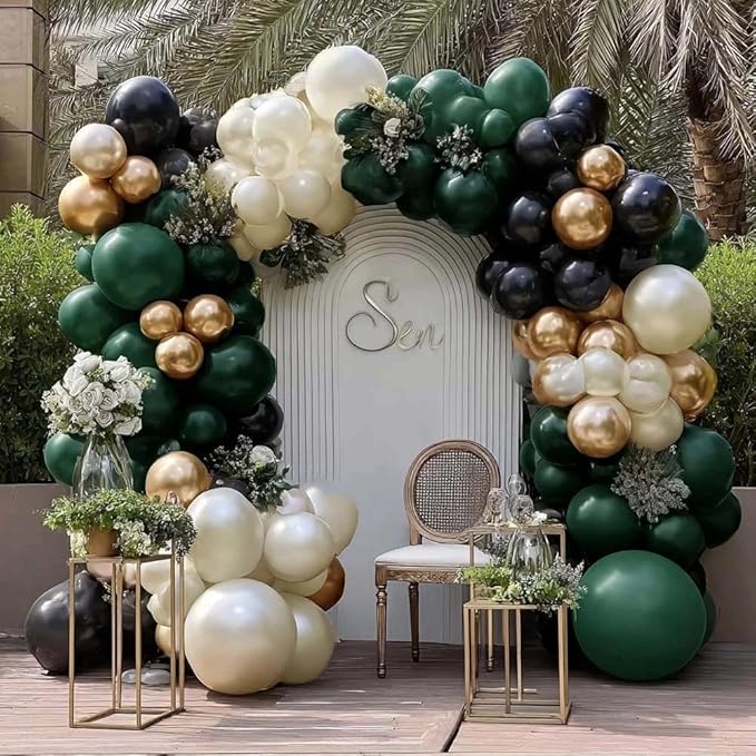 Dark Green Black Balloon Arch Double Stuffed Emerald Hunter Green, Pearl White Sand Gold Balloon Garland Kit for Birthday Wedding Anniversary Bridal Baby Shower Graduation Party Decoration