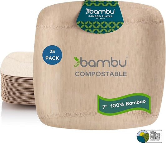 Bambu Pack of 25-7 Inch Disposable Bamboo Plates Square, Biodegradable Eco Friendly Products, Bamboo Disposable Plates for Events, Compostable Plate