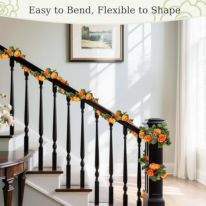 Lewondr Artificial Eucalyptus Garland with Flower - 8 Rose 8 Peony, 2Pcs 13FT Faux Floral Greenery Garlands Fake Flowers Vines, Maintenance-Free for Table Shelf Backdrop Party Room Decor, Orange