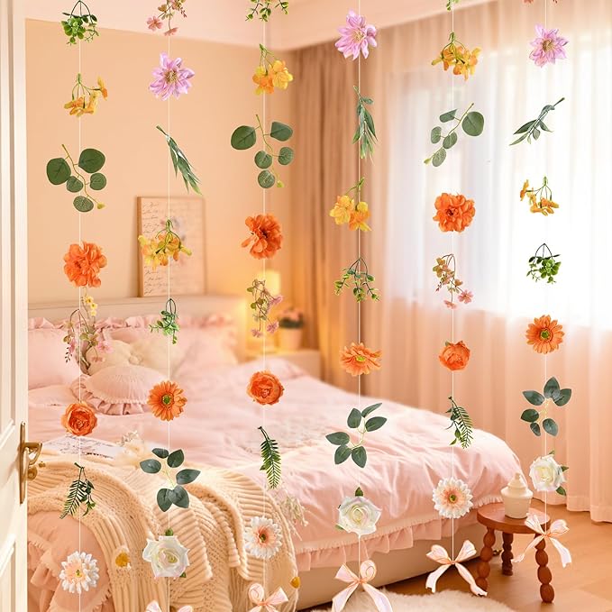 Livole 6Pcs 36Ft Hanging Flower Garland with Bow Orange Wildflower Garlands Backdrop Silk Rose Fake Floral Vines with Hooks for Spring Party Wedding Birthday Anniversary Arch Wall Garden Decor