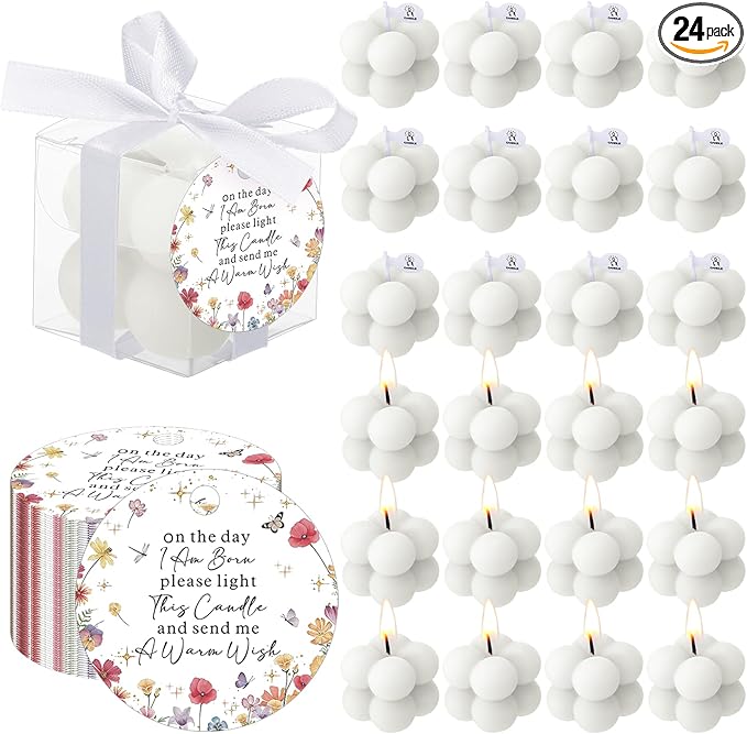 MTLEE 24 Sets Wildflower Baby Shower Favors Small Bubble Candles Baby Shower Favors for Guests Tea Candles Bulk with Stylish Ribbons Cards Gifts Party Decoration(White,Wildflower)