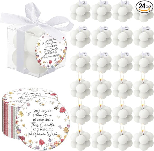 MTLEE 24 Sets Wildflower Baby Shower Favors Small Bubble Candles Baby Shower Favors for Guests Tea Candles Bulk with Stylish Ribbons Cards Gifts Party Decoration(White,Wildflower)