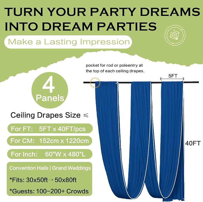 20ftx40ft Royal Blue Ceiling Curtain for Wedding Parties – 4 Panels Wrinkle-Free 40 FT Long Tent Draping Curtains for Wedding, Birthday & Theme Parties, 40ft Height with Rod Pocket