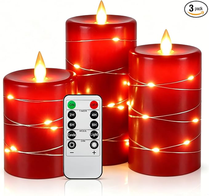3 Pack Red Real Wax Flameless Taper Candles, Realistic Flickering LED Candles with Surrounding Fairy String Lights, Soft Warm Battery Candle Lights with Remote for Holiday Wedding Indoor Outdoor Decor