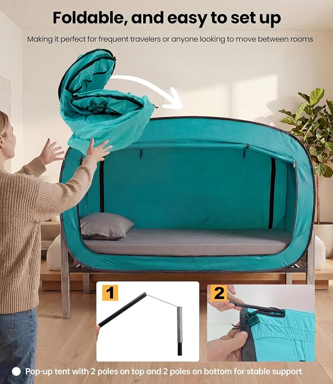 ANC POP Bed Tent Full Bed Canopy Portable Dream Tent for Adult Indoor Sleeping Tents with 2 Doors Breathable Private Space Tents, Teal