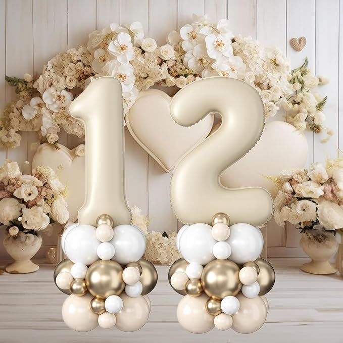 Beige Number 12 Balloons 40 Inch Cream 12th Birthday Party Decorations Neutral Nude White Sand Number 21 Foil Balloon Tower Giant Large Digit Helium Balloon for Girls Boys Women Men 21st Anniversary