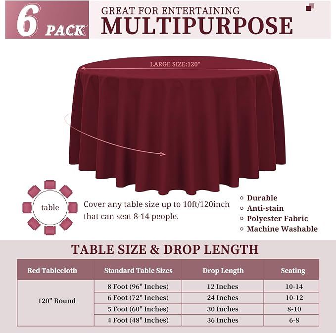 YMHPRIDE 6 Pack Round Tablecloth Burgundy Table Cloth 120 Inch Polyester Round Table Cloth,Burgundy Tablecloths Round Washable Fabric Table Covers for Wedding,Party,Dining,Banquet