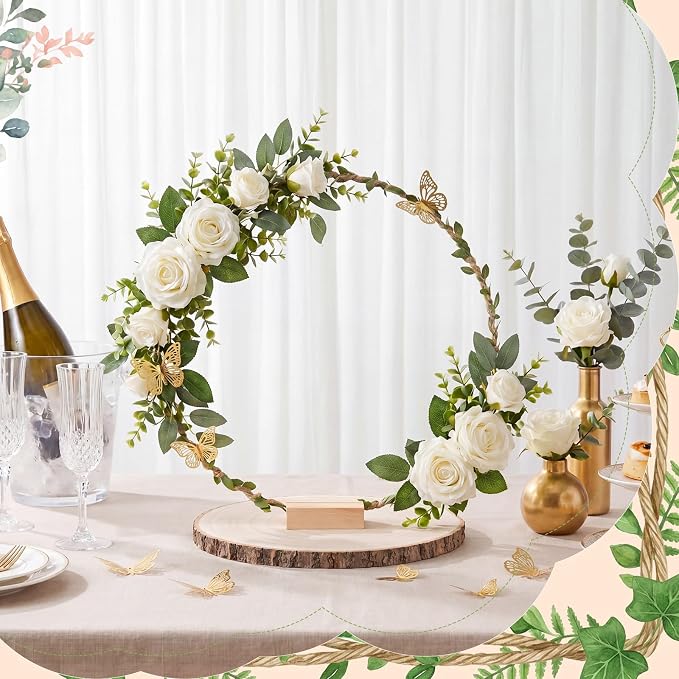Leinuosen 6 Sets 12" Metal Hoop Table Decor with Stands, 6pcs 9-10" Natural Wood Slices & 33ft Jute Leaf Ribbon for Wedding Bridal Baby Shower Party Center Decoration