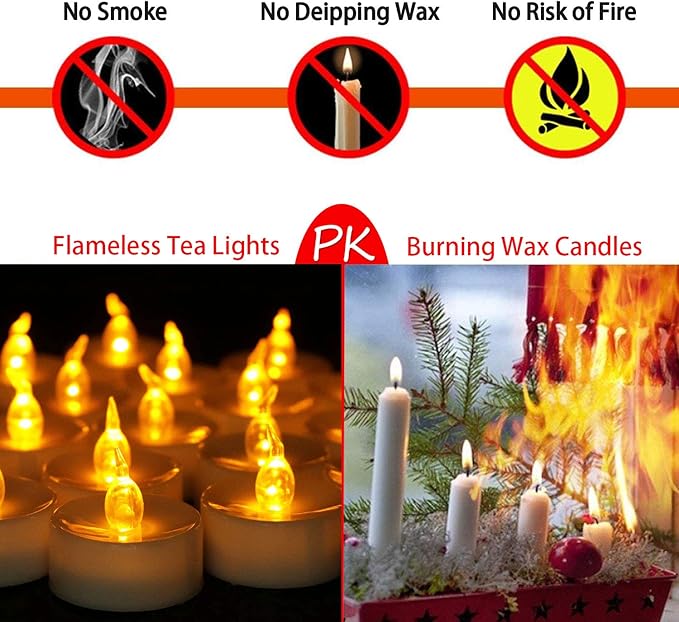 Battery Operated Led Tea Lights Candles:50 Pack Flameless Electric Fake Candle, Realistic and Bright Flickering Votive Tealights, Long Lasting 200+Hours,for Wedding,Party,Home Decoration (Warm Yellow)
