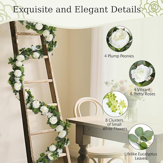 Lewondr Artificial Eucalyptus Garland with Flower - 4 Rose 4 Peony, 6FT Faux Floral Greenery Garlands Fake Flowers Vines, Maintenance-Free for Wedding Table Shelf Backdrop Party Room Decor, White