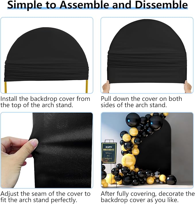 Hemmotop Black Arch Backdrop Cover Set, 6ft, 5ft, 4ft Arch Covers Stretchy Backdrop, Spandex Arched Stand Background Cover for Baby Shower Birthday Graduation Party, 3-Piece