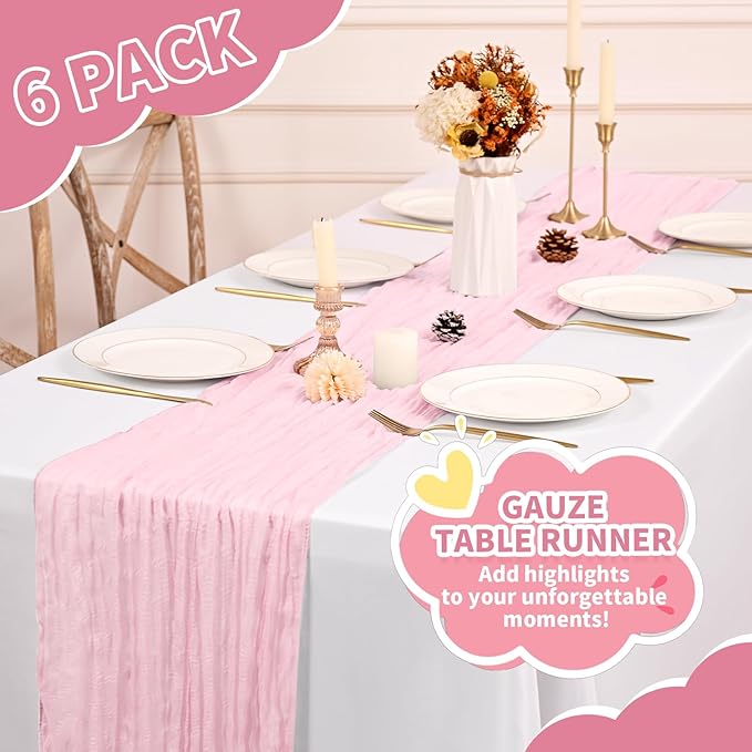 6 Pack Cheesecloth Table Runner,Light Pink Table Runner Long Romantic Semi Sheer Rustic Boho Gauze Table Runners for Wedding Bridal Shower Birthday Party Decorations(17.7×108 Inch)