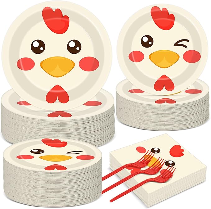 gisgfim 50 Guests Chicken Party Decorations Chicken Plates and Napkins Chicken Party Decoration For Birthday Party Plates Tableware Set Chicken Theme Party Paper Plates Napkins Forks 200 PCS