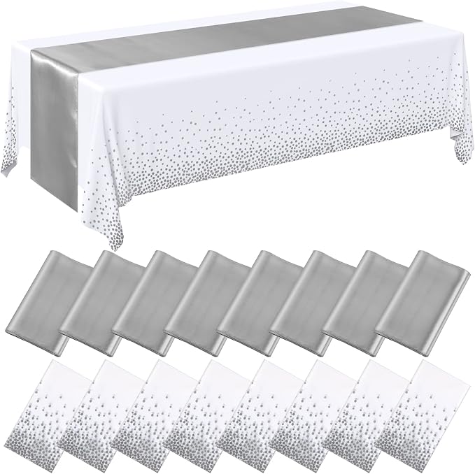 Tudomro 16 Pieces White and Silver Disposable Plastic Tablecloths and Satin Table Runner Set 54x108 Inch Tablecloth 12x108 Inch Table Runners for New Year Wedding Birthday Baby Shower Graduation