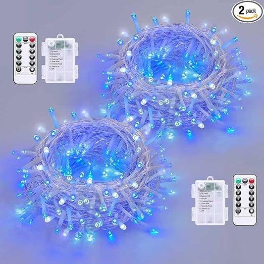 QITONG 2 Pack Battery Operated String Lights, Each 33ft 100 LED Blue and White Christmas Lights Outdoor Waterproof, 8 Modes Clear Wire Twinkle Fairy Lights Indoor with Remote
