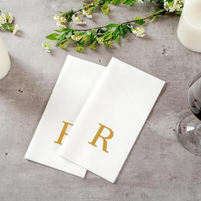 Luxenap 15.8 X 7.9 Inch Linen-Feel Guest Towels, 50 Lettered Hand Towels - Gold Letter 'R', Sans Serif Font, White Paper Dinner Napkins, airlaid, For Restrooms And Tables