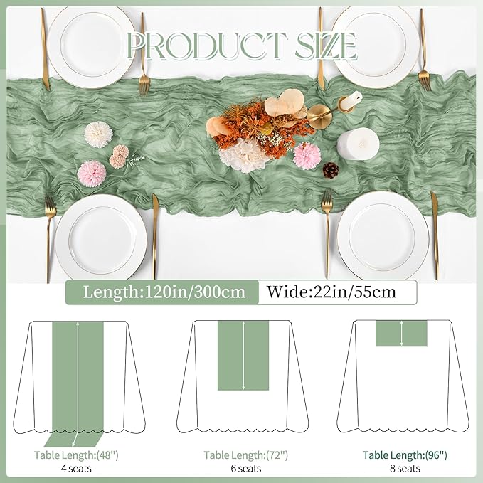 8 Pack Sage Green Cheesecloth Table Runner 120 Inch 10FT Spring Boho Rustic Sheer Gauze Cheese Cloth Table Runner for Wedding Baby Shower Birthday Party Table Decor