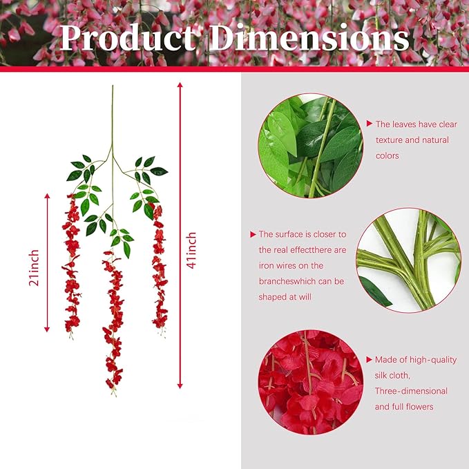 12 Pack Red Wisteria Hanging Flowers, 3.44 Ft Fake Hanging Flowers, Artificial Wisteria Garland Vines for Wedding Room Backdrop Outdoor Patio Garden Valentine's Decoration