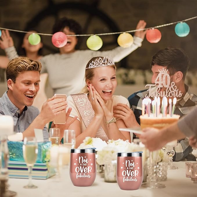 40th Birthday Decorations Gifts for Women Including Crown, Sash, Cake Topper, Candles and 12oz Wine Tumbler with Lid, 40th Birthday Gifts Women
