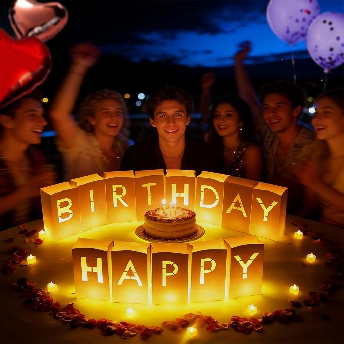 Happy Birthday Light Up Letters Luminary Bags with Tea Lights Candles, Latex Balloons, Aluminum Balloons and Rose Petals Surprise Gifts Banner Birthday Decorations for Women and Men