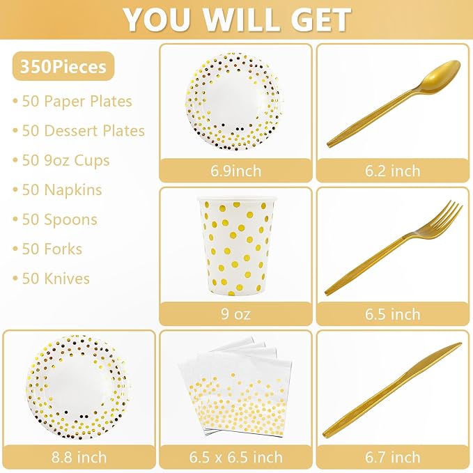 350PCS Gold Party Supplies for 50 Guests, Disposable Party Decorations Dinnerware Paper Plates Cups Napkins Gold Plastic Forks Knives Spoons for Wedding Birthday Graduation