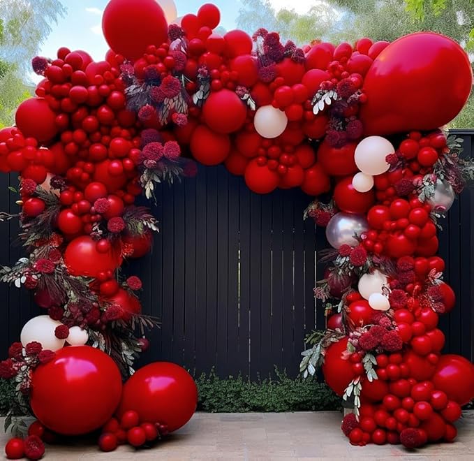 Red Balloon Arch Garland Kit Double Stuffed Ruby Red Balloons Different Sizes Latex for Birthday Valentine Mother's Day Wedding Baby Shower Bridal Shower Engagement Anniversary Party Decor