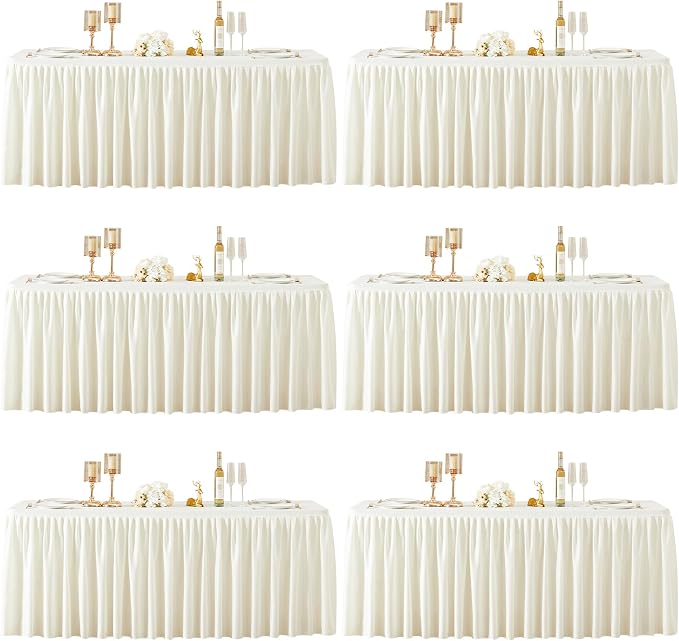 6 Packs Ivory Tablecloths Rectangle Tables 6ft, Stretch Fitted Table Covers for 6 Foot Tables Wrinkle Free Rectangle Table Cloth with Skirt for Birthday Party Events Banquet Baby Shower