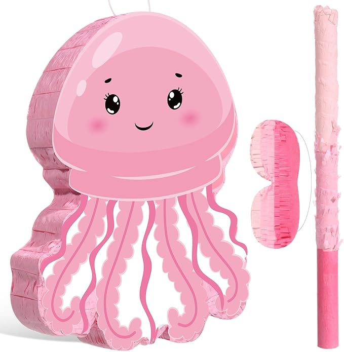 Blosssound Jellyfish Piñata Under the Sea Party Decorations Supplies Cute Pink Piñata Set with Stick Blindfold for Ocean Mermaid Theme Birthday Baby Shower Wedding Celebration Decorations(Jellyfish)