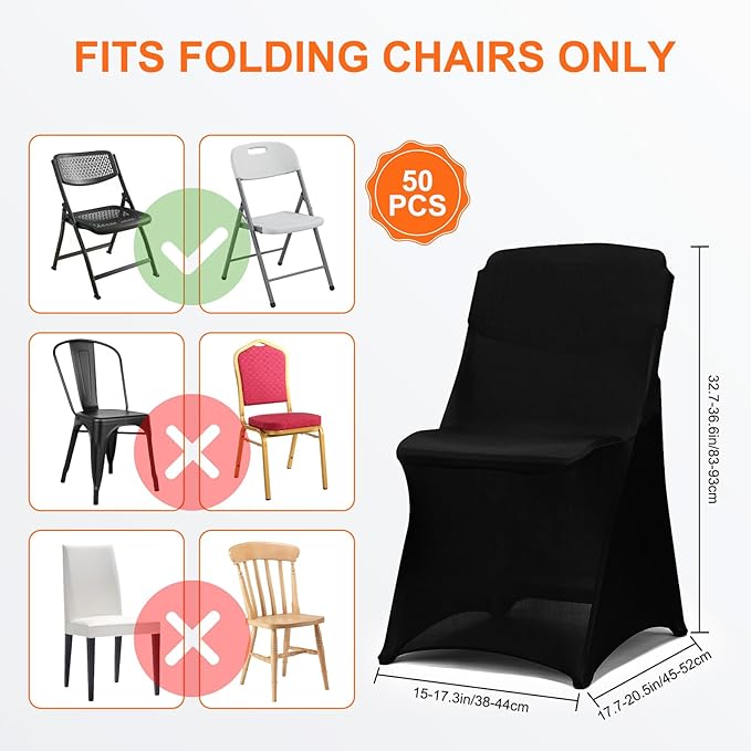 50 Pack Black Folding Chair Covers for Party, Spandex Chair Covers for Wedding, Stretch Seat Cover 50 Pieces, Universal Fitted Polyester Slipcovers for Dining Chairs, Parties & Banquet (50 PCS)