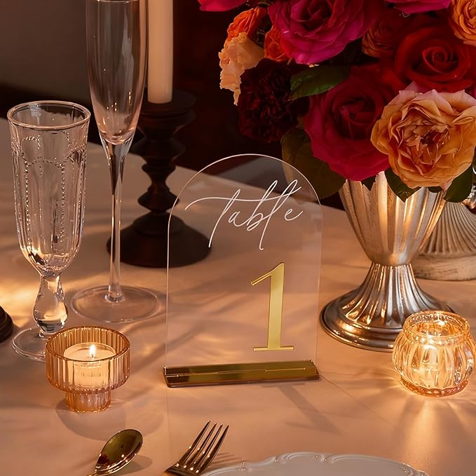 Crystal Clear Acrylic Wedding Table Numbers 1-20 Set, Self-Standing Modern Arched Signs for Reception Seating, Anniversary & Bridal Shower, Elegant Wedding Decor (5x7 Inches)