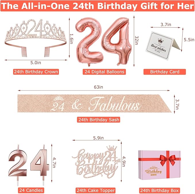 24th Birthday Decorations for Women, Include 24th Birthday Sash and Tiara, Cake Topper and Candles, Number Balloons, 24 Year Old Gifts for Women