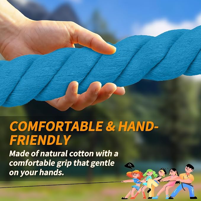 Tug of War Rope for Kids & Adults - 100ft Soft Cotton Outdoor Pulling Rope with Flag for Team Building Activities Field Day Family Reunions Birthday Parties Camping Games- Blue
