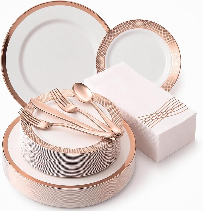 By Madee HEAVYWEIGHT Rose Gold Plates and Napkins Party Supplies | Rose Gold Disposable Dinnerware Set with Heavy Duty Plates, Cutlery & Napkins for 25 Guests