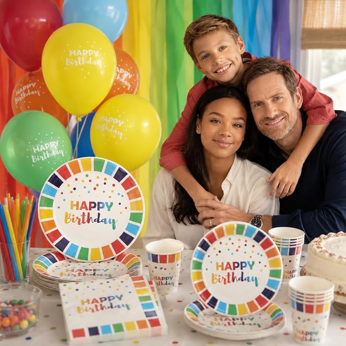 489 Pc Rainbow & Colorful Birthday Party Decorations Kit 25 Guests | Rainbow balloon arch, banner, tableware, cake toppers & sash; reusable, indoor/outdoor party kit for boys & girls, serves 25