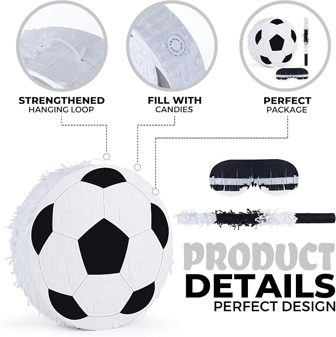 Pinata Bundle with a Blindfold and Bat (13"x13"x4"), Soccer Ball Pinata for Birthday Party Boys, Perfect for Birthday Party, Sport Theme Party, Decoration