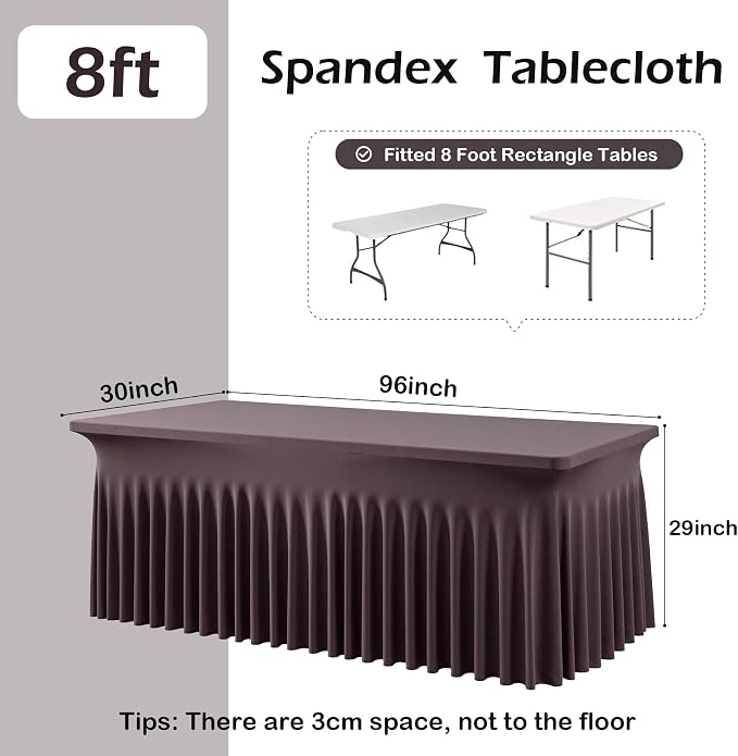 NSSONBEN 2 pk Brown Spandex Tablecloth for 8 Foot Rectangle Tables,Wrinkle Free Fitted Spandex Table Covers 8ft Coffe Stretch Table Cloths with Ruffle Skirt for Parties Weddings Banquet Baby Shower