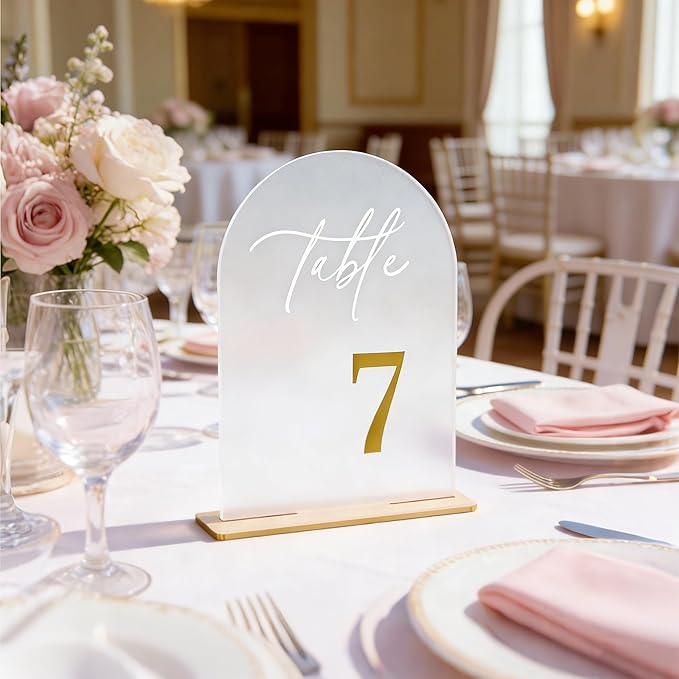 Frosted Wedding Table Numbers 1-20 with Stands, Elegant Gold Number Arch Acrylic Signs with Holder, 5.5" x 7" Gold 3D Table Numbers for Wedding Reception, Party, Anniversary, Events