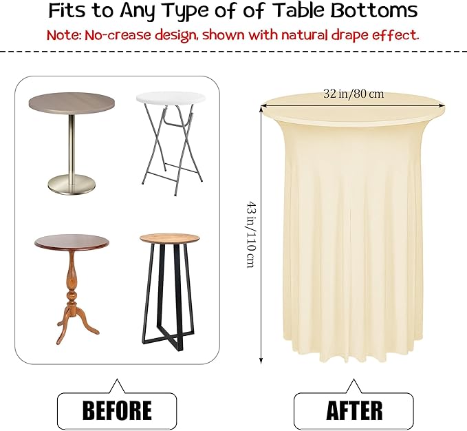 Kochorie 4 Pieces Cocktail Table Skirt Round Cocktail Table Covers 32 x 43 Inch Spandex Stretch High Top Table Cloth for Wedding Table Bar Banquet Party Supplies (Champagne)